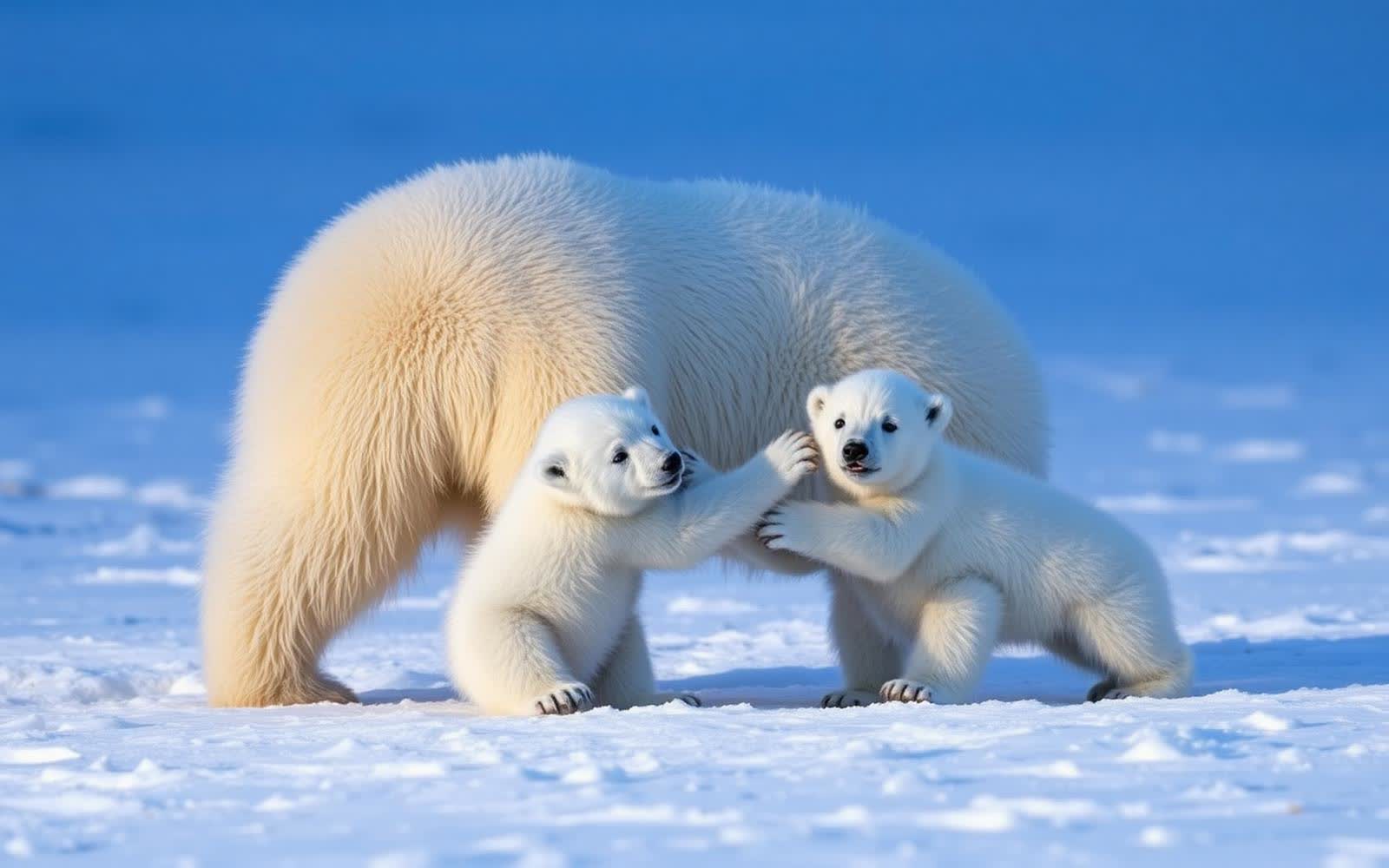 Polar bear mother with two cubs on the snow