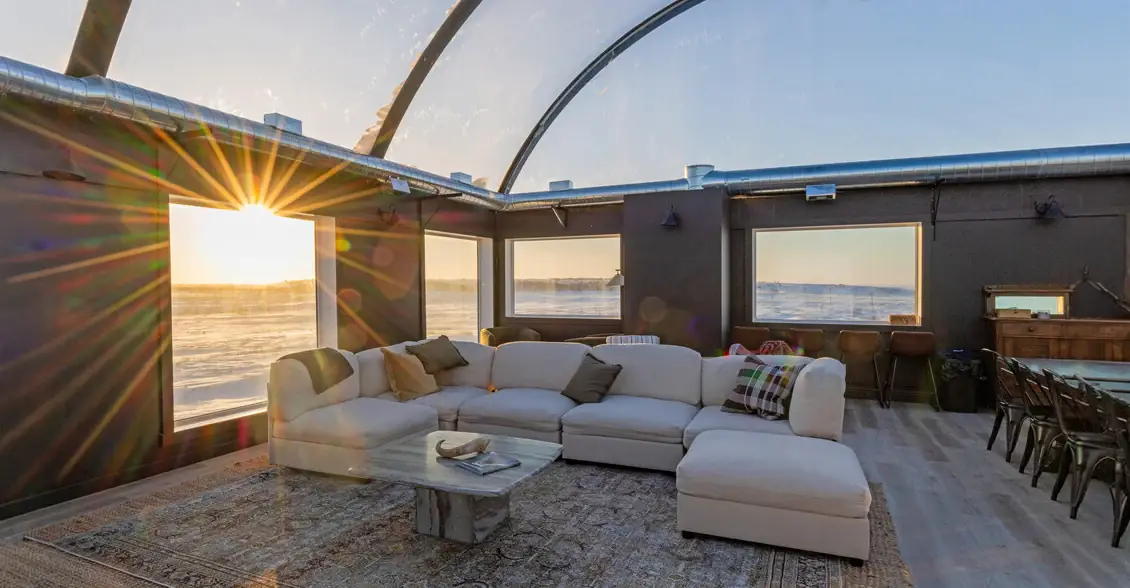Inside the Boreal Lounge at sunset, Churchill, Manitoba, Canada